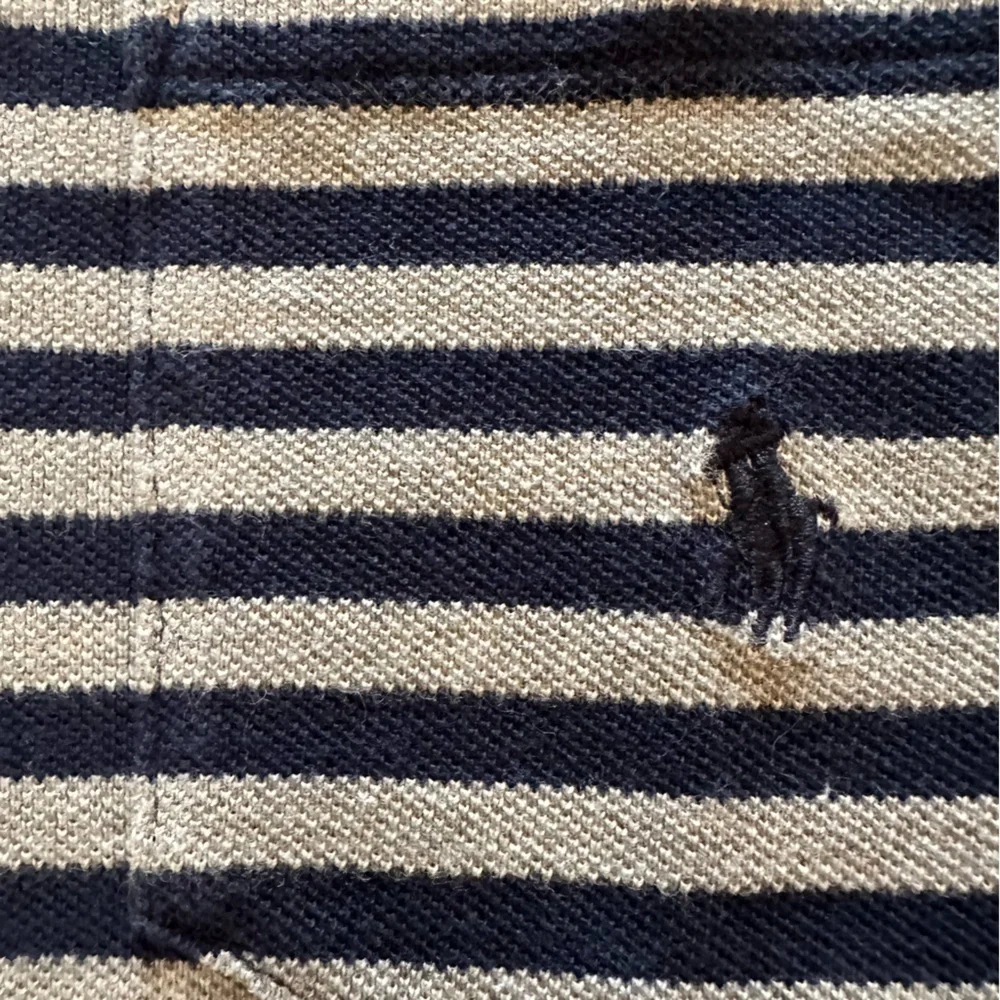 POLO RALPH LAUREN men’s gray & blue striped short sleeve polo shirt - size L/XL